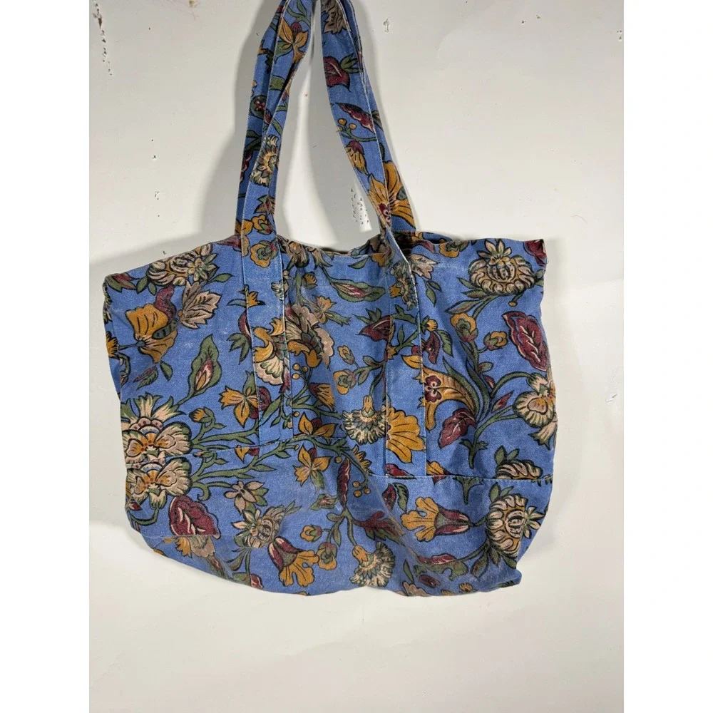 Sezane Blue Floral Canvas Tote Bag Botanical Print Shopper